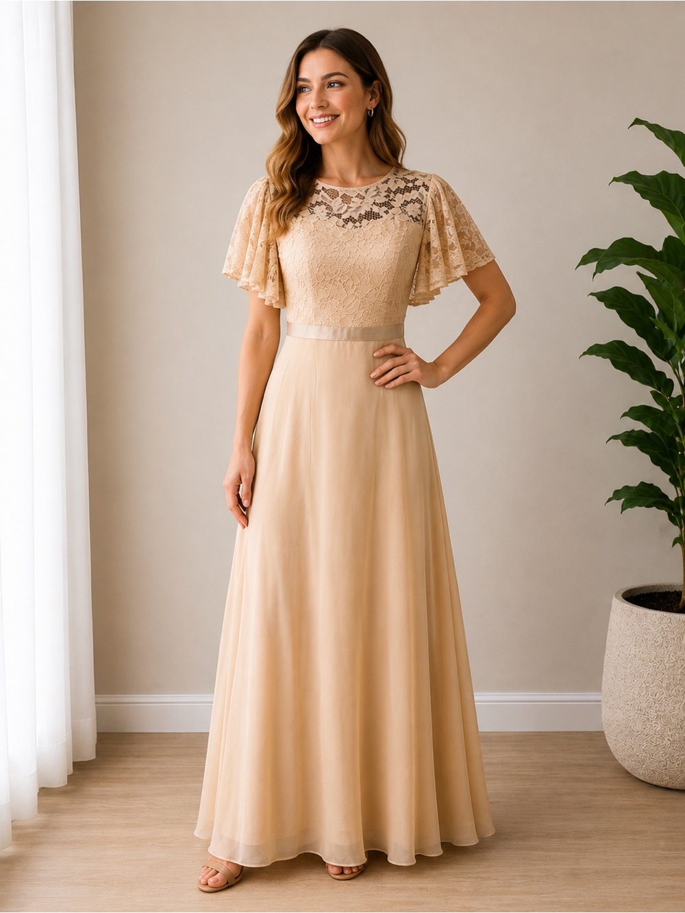Dress Tells Beige Lace Maxi Gown Size M